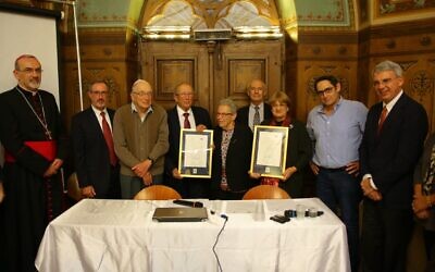 Posthumous awards given at a ceremony in Jerusalem to relatives of Rabbi Nathan Cassuto and Matilda Cassin who worked to save Jews as part of the underground in Florence, Italy during World War II (Live Giving)
