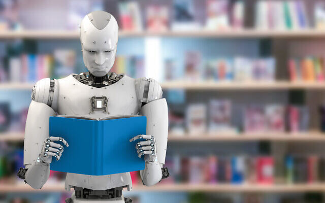 Illustrative image of a robot reading a book in library (PhonlamaiPhoto; iStock by Getty Images)