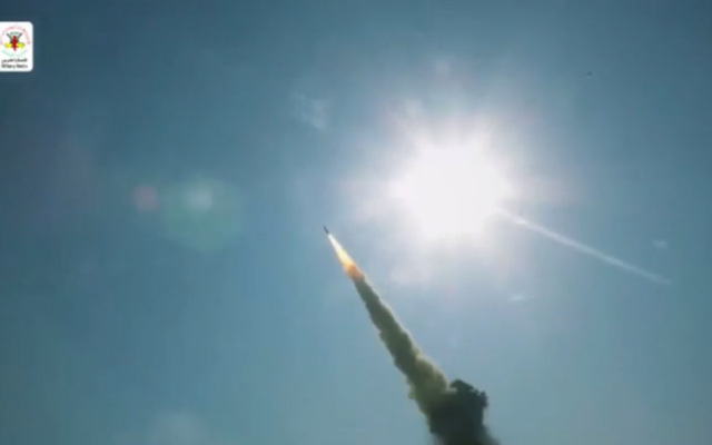 A missile is launched from Gaza toward Israel, in a propaganda video by the Palestinian Islamic Jihad terror group, in a video posted online November 13, 2019. (Screen capture) A missile is launched from Gaza toward Israel, in a propaganda video by the Palestinian Islamic Jihad terror group, in a video posted online November 13, 2019. (Screen capture)