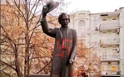 A monument to Yiddish writer and humorist Sholem Aleichem in the Ukrainian capital of Kyiv was vandalized with swastikas on November 25, 2019. (Twitter)