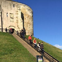 The stone steps leading up to Clifford's Tower, York, site of the most notorious anti-Semitic bloodshed in medieval English history. (Times of Israel staff)