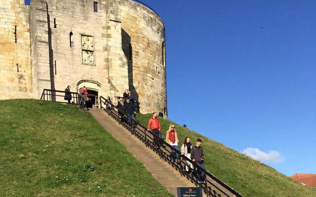 The stone steps leading up to Clifford's Tower, York, site of the most notorious anti-Semitic bloodshed in medieval English history. (Times of Israel staff) The stone steps leading up to Clifford's Tower, York, site of the most notorious anti-Semitic bloodshed in medieval English history. (Times of Israel staff)
