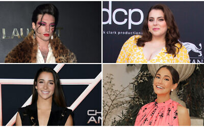From top left, clockwise: Ezra Miller, Beanie Feldstein, Audrey Gelman and Aly Raisman made Time magazine's 100 Next List. (Getty Images via JTA)