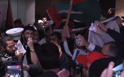 Pro-Palestinian demonstrators at an event at York University in Toronto, Canada on November 20, 2019. (screen capture: YouTube/SWC)
