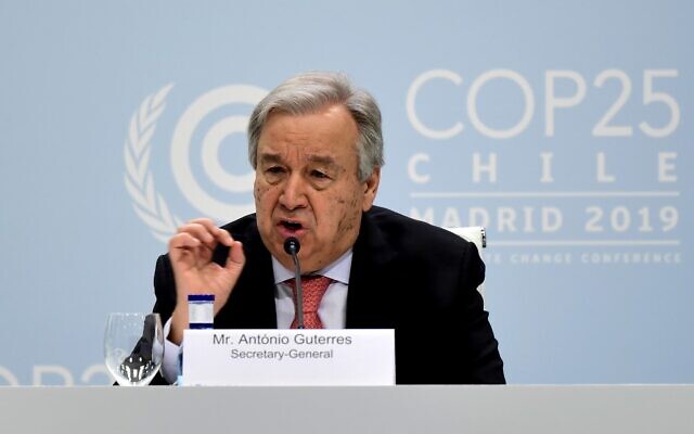 United Nations Secretary-General Antonio Guterres gives a press conference, at the 'IFEMA - Feria de Madrid' exhibition centre, in Madrid, on December 1, 2019, on the eve of the opening of the UN Climate Change Conference COP25. - Spain's Socialist government offered to host this year's UN climate conference, known as COP25, from December 2 to December 13, 2019, after the event's original host Chile withdrew last month due to deadly riots over economic inequality. Spanish authorities expect some 25,000 participants and 1,500 journalists from around the world to attend the two-week gathering in Madrid. (Photo by CRISTINA QUICLER / AFP)