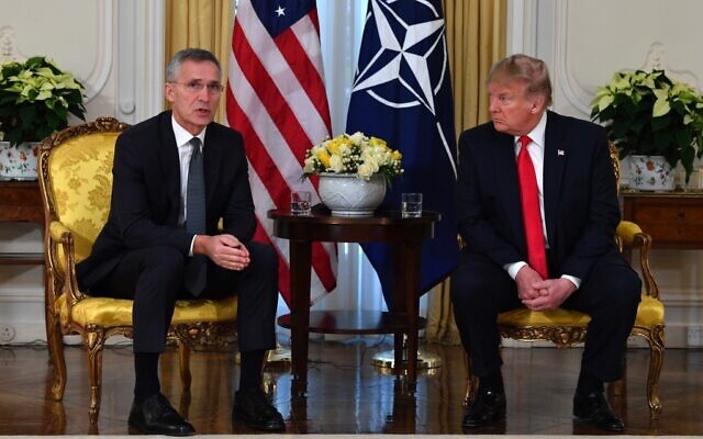US President Donald Trump (R) meets with NATO Secretary General Jens Stoltenberg at Winfield House, London, on December 3, 2019. (Nicholas Kamm/AFP) US President Donald Trump (R) meets with NATO Secretary General Jens Stoltenberg at Winfield House, London, on December 3, 2019. (Nicholas Kamm/AFP)
