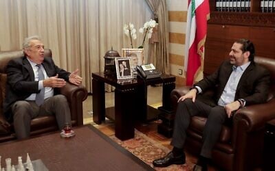 Resigned Lebanese prime minister Saad Hariri (R) meets with Samir Khatib, a Lebanese businessman who is the front-runner to form a new government, in the capital Beirut on December 8, 2019. (ANWAR AMRO / AFP)