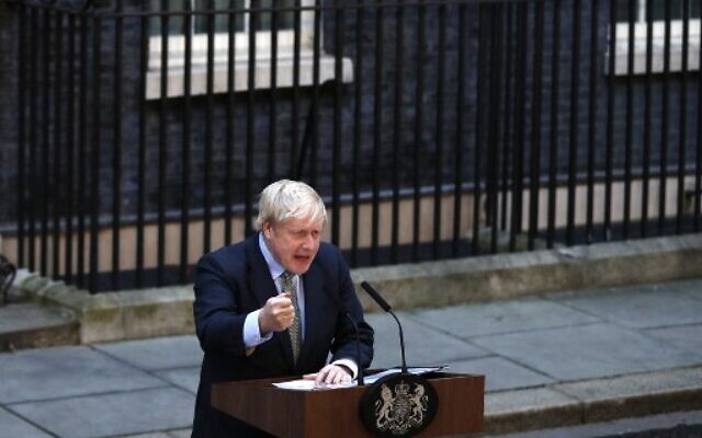 Britain's Prime Minister Boris Johnson delivers a speech outside 10 Downing Street in central London on December 13, 2019, following his Conservative party's general election victory. (Adrian Dennis/AFP)