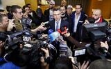 Then-Likud MK Gideon Sa'ar speaks to the press after casting his ballot in the party's primary election, in Tel Aviv on December 26, 2019. (Jack Guez/AFP)