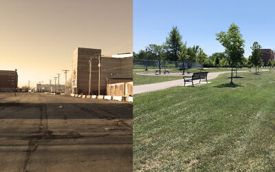 The Jewish Neighborhood Development Council has pushed through a number of urban renewal projects in West Rogers Park, such as turning an abandoned parking lot, left, into a park. (Courtesy of Howard Rieger/via JTA)