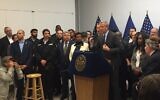 New York City Mayor Bill de Blasio speaks at a news conference on anti-Semitism at a branch of the Brooklyn Public Library, Dec. 29, 2019. (Adi Eshman/JTA)