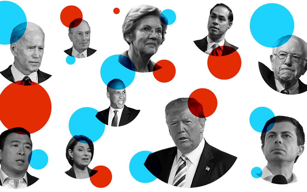 Clockwise from top left: Joe Biden, Michael Bloomberg, Elizabeth Warren, Julián Castro, Bernie Sanders, Pete Buttigieg, President Trump, Cory Booker, Amy Klobuchar, and Andrew Yang arevying to become president in 2020. (Getty Images; design by Grace Yagel/JTA) Clockwise from top left: Joe Biden, Michael Bloomberg, Elizabeth Warren, Julián Castro, Bernie Sanders, Pete Buttigieg, President Trump, Cory Booker, Amy Klobuchar, and Andrew Yang arevying to become president in 2020. (Getty Images; design by Grace Yagel/JTA)