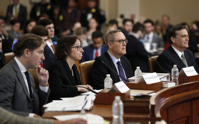 From left, Constitutional law experts, Harvard Law School professor Noah Feldman, Stanford Law School professor Pamela Karlan, University of North Carolina Law School professor Michael Gerhardt and George Washington University Law School professor Jonathan Turley testify during a hearing before the House Judiciary Committee on the constitutional grounds for the impeachment of President Donald Trump, on Capitol Hill in Washington, December 4, 2019. (AP Photo/Andrew Harnik) From left, Constitutional law experts, Harvard Law School professor Noah Feldman, Stanford Law School professor Pamela Karlan, University of North Carolina Law School professor Michael Gerhardt and George Washington University Law School professor Jonathan Turley testify during a hearing before the House Judiciary Committee on the constitutional grounds for the impeachment of President Donald Trump, on Capitol Hill in Washington, December 4, 2019. (AP Photo/Andrew Harnik)