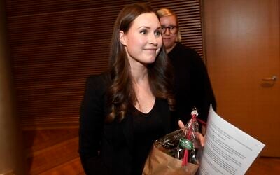 Sanna Marin, after she won the SDP's prime minister candidate vote against Antti Lindtman, in Helsinki, Finland, December 8, 2019. (Vesa Moilanen/Lehtikuva via AP)