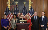 From left, House Speaker Nancy Pelosi, House Financial Services Committee Chair Maxine Waters (California Democrat), House Foreign Affairs Committee Chair Eliot Engel (New York Democrat), House Judiciary Committee Chair Jerrold Nadler (New York Democrat), House Committee on Oversight and Reform Chair Carolyn Maloney (New York Democrat), House Ways and Means Committee Chair Richard Neal (Massachusetts Democrat) and House Permanent Select Committee on Intelligence Chair Adam Schiff (California Democrat) unveil articles of impeachment against US President Donald Trump at a news conference on Capitol Hill in Washington, December 10, 2019. (AP Photo/Susan Walsh)