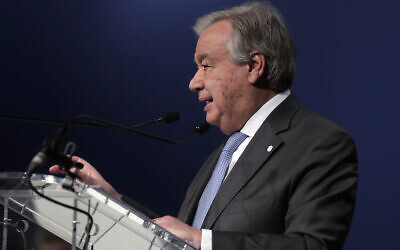 UN Secretary-General Antonio Guterres delivers a speech at the COP25 climate talks summit in Madrid, Spain, December 12, 2019. (AP Photo/Manu Fernandez)