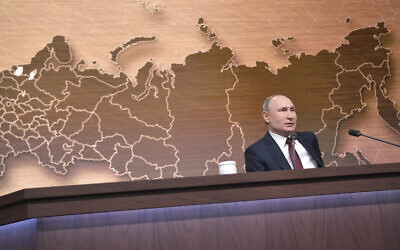 Russian President Vladimir Putin during his annual news conference in Moscow, Russia, December 19, 2019. (Alexei Druzhinin, Sputnik, Kremlin Pool Photo via AP)