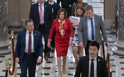 House Speaker Nancy Pelosi (C) at the Capitol in Washington, December 18, 2019. (AP Photo/J. Scott Applewhite)