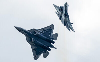 This photo from August 27, 2019, shows Russian Air Force Sukhoi Su-57 fifth-generation fighter jets perform during the MAKS-2019 International Aviation and Space Show in Zhukovsky, outside Moscow, Russia. (AP Photo/Pavel Golovkin, File)