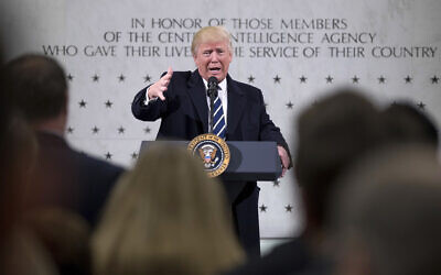 In this January 21, 2017 photo, US President Donald Trump speaks at the Central Intelligence Agency in Langley, Virginia. (AP Photo/Andrew Harnik)