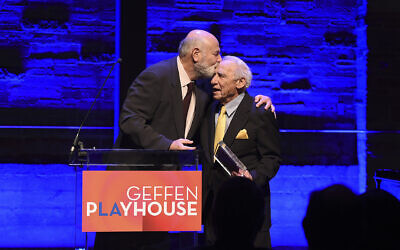 Rob Reiner, left, presents the Distinction in Theatre award to Mel Brooks at Backstage at the Geffen Gala on Sunday, March 19, 2017, in Los Angeles.(Photo by Matt Sayles/Invision for Geffen Playhouse/AP Images)
