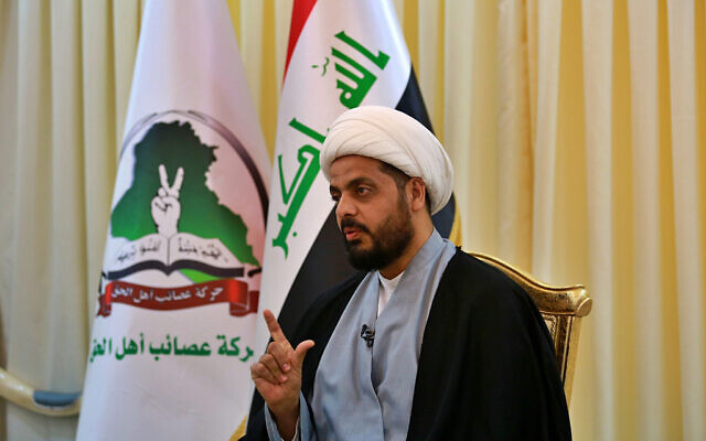 Qais al-Khazali, the leader of the militant Shiite group Asaib Ahl al-Haq, or League of the Righteous, speaks during an interview with The Associated Press in Baghdad, Iraq, January 28, 2019. (Khalid Mohammed/AP) Qais al-Khazali, the leader of the militant Shiite group Asaib Ahl al-Haq, or League of the Righteous, speaks during an interview with The Associated Press in Baghdad, Iraq, January 28, 2019. (Khalid Mohammed/AP)
