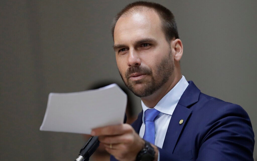 Brazilian lawmaker Eduardo Bolsonaro at the Foreign Relations Committee of the Chamber of Deputies, in Brasilia, Brazil, August 14, 2019 (AP Photo/Eraldo Peres) Brazilian lawmaker Eduardo Bolsonaro at the Foreign Relations Committee of the Chamber of Deputies, in Brasilia, Brazil, August 14, 2019 (AP Photo/Eraldo Peres)