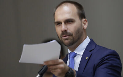 Brazilian lawmaker Eduardo Bolsonaro at the Foreign Relations Committee of the Chamber of Deputies, in Brasilia, Brazil, August 14, 2019 (AP Photo/Eraldo Peres)