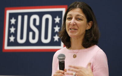Democratic Representative Elaine Luria speaks to participants in a USO Pathfinder program in Virginia Beach, Virginia, October 4, 2019. (AP Photo/Steve Helber)