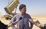 US Defense Secretary Mark Esper talks to reporters at Prince Sultan Air Base in Saudi Arabia, October 22, 2019, where he saw a Patriot missile battery that the US sent to Saudi to help protect the kingdom against the Iranian threat.  (AP Photo/Lolita Baldor)