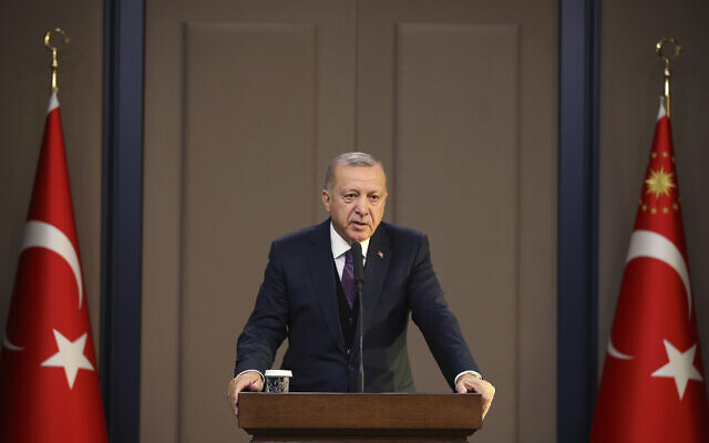 Turkey's President Recep Tayyip Erdogan speaks before departing to attend a NATO leader's summit in London, in Ankara, Turkey, December 3, 2019. (Presidential Press Service via AP, Pool) Turkey's President Recep Tayyip Erdogan speaks before departing to attend a NATO leader's summit in London, in Ankara, Turkey, December 3, 2019. (Presidential Press Service via AP, Pool)
