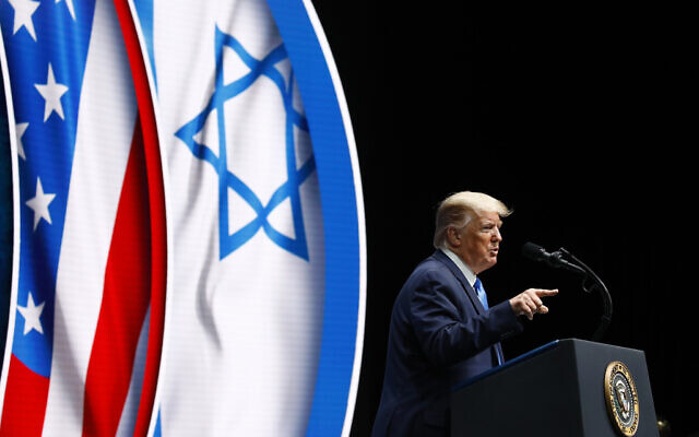 President Donald Trump speaks at the Israeli American Council National Summit in Hollywood, Florida, Saturday, Dec. 7, 2019. (AP/Patrick Semansky) President Donald Trump speaks at the Israeli American Council National Summit in Hollywood, Florida, Saturday, Dec. 7, 2019. (AP/Patrick Semansky)
