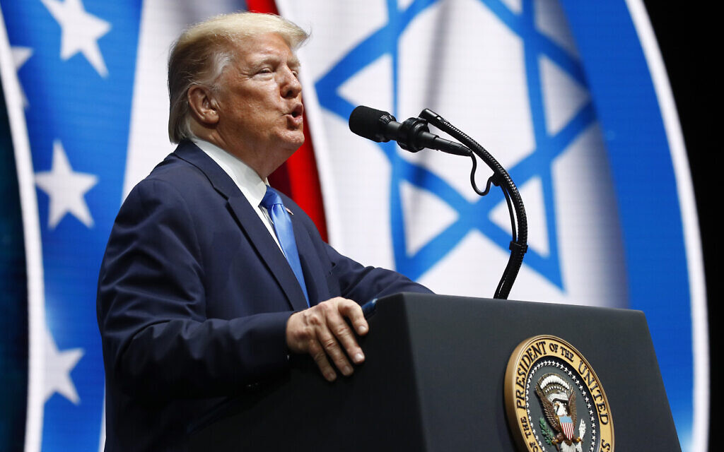 US President Donald Trump speaks at the Israeli American Council National Summit in Hollywood, Florida, December 7, 2019. (AP Photo/Patrick Semansky) US President Donald Trump speaks at the Israeli American Council National Summit in Hollywood, Florida, December 7, 2019. (AP Photo/Patrick Semansky)