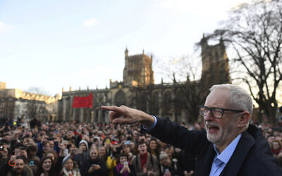Britain's former Labour Party leader Jeremy Corbyn speaks at a rally outside Bristol City Council while on the General Election campaign trail, in Bristol, England, December 9, 2019. (Joe Giddens/ PA via AP)