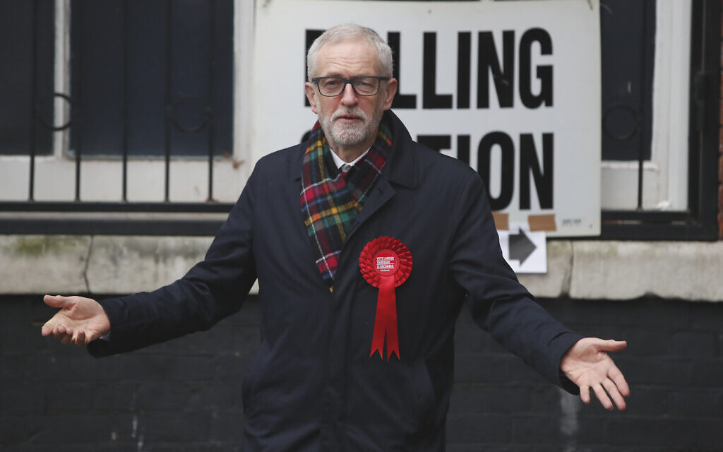British opposition Labour Party leader Jeremy Corbyn, gestures after casting his vote in the general election, in Islington, London, England, December 12, 2019. (AP Photo/Thanassis Stavrakis) British opposition Labour Party leader Jeremy Corbyn, gestures after casting his vote in the general election, in Islington, London, England, December 12, 2019. (AP Photo/Thanassis Stavrakis)