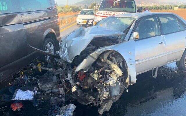 A 49-year-old woman was killed in a three-car collision on Route 767 near the Lower Galilee village of Kfar Tavor, December 2, 2019. (Magen David Adom) A 49-year-old woman was killed in a three-car collision on Route 767 near the Lower Galilee village of Kfar Tavor, December 2, 2019. (Magen David Adom)
