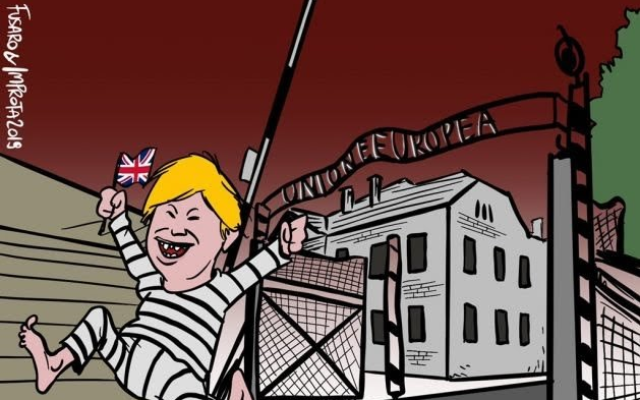 A cartoon by Italian cartoonist Mario Improta depicting the European Union as Auschwitz and British Prime Minister Boris Johnson as an escaped prisoner, December 14, 2019. (Mario Improta/Twitter) A cartoon by Italian cartoonist Mario Improta depicting the European Union as Auschwitz and British Prime Minister Boris Johnson as an escaped prisoner, December 14, 2019. (Mario Improta/Twitter)