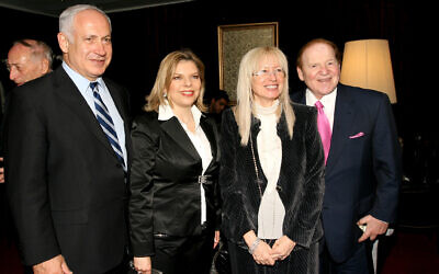 (R-L)American billionaire Sheldon Adelson (R) and his wife Miriam, with Prime Minister Benjamin Netanyahu and his wife Sara attend the Israeli Presidential Conference at the International Conference Center in Jerusalem May 13, 2008. (Anna Kaplan /FLASH90)