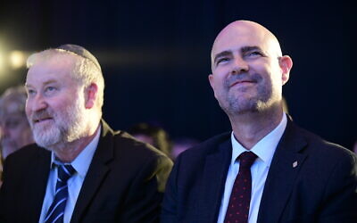 Attorney General Avichai Mandelblit (L) and Justice Minister Amir Ohana attend the annual justice conference in Airport City, outside Tel Aviv on September 3, 2019. (Tomer Neuberg/Flash90)