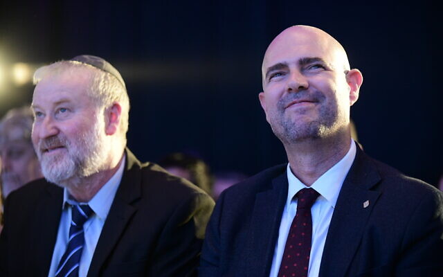 Attorney General Avichai Mandelblit (L) and Justice Minister Amir Ohana attend the annual justice conference in Airport City, outside Tel Aviv on September 3, 2019. (Tomer Neuberg/Flash90) Attorney General Avichai Mandelblit (L) and Justice Minister Amir Ohana attend the annual justice conference in Airport City, outside Tel Aviv on September 3, 2019. (Tomer Neuberg/Flash90)