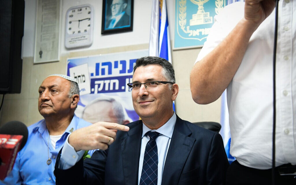 Likud MK Gideon Sa'ar seen with Likud supporters during an Event in Hod Hasharon, November 25, 2019. (Yossi Zeliger/Flash90) Likud MK Gideon Sa'ar seen with Likud supporters during an Event in Hod Hasharon, November 25, 2019. (Yossi Zeliger/Flash90)