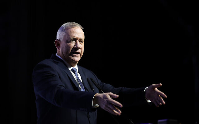 Blue and White party chairmen Benny Gantz speaks a conference of the Makor Rishon newspaper at the International Convention Center in Jerusalem, December 8, 2019. (Hadas Parush/Flash90) Blue and White party chairmen Benny Gantz speaks a conference of the Makor Rishon newspaper at the International Convention Center in Jerusalem, December 8, 2019. (Hadas Parush/Flash90)