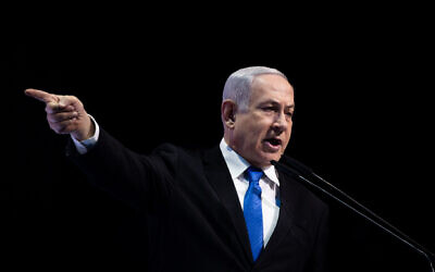 Prime Minister Benjamin Netanyahu at the conference of the Israeli newspaper Makor Rishon at the International Convention Center in Jerusalem, December 8, 2019. (Yonatan Sindel/Flash90)