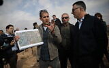 Likud Gideon Sa'ar, right, visits in the West Bank area known as E1 near Ma'ale Adumim, on December 10, 2019. (Hadas Parush/Flash90)