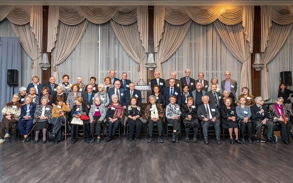 A group shot of the 45 Holocaust survivors who attended the Dinner of Miracles in Toronto, December 15, 2019. (Liora Kogan)
