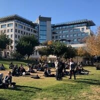 Technion students taking a break on the grass on a sunny winter day when entrepreneurs flocked to the Haifa campus to talk to students December 19, 2019. (Shoshanna Solomon/Times of Israel)