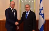 Irish Foreign Minister Simon Coveney, left, meets with PM Netanyahu in the Prime Minister's Office in Jerusalem, December 2, 2019 (Koby Gideon/GPO)
