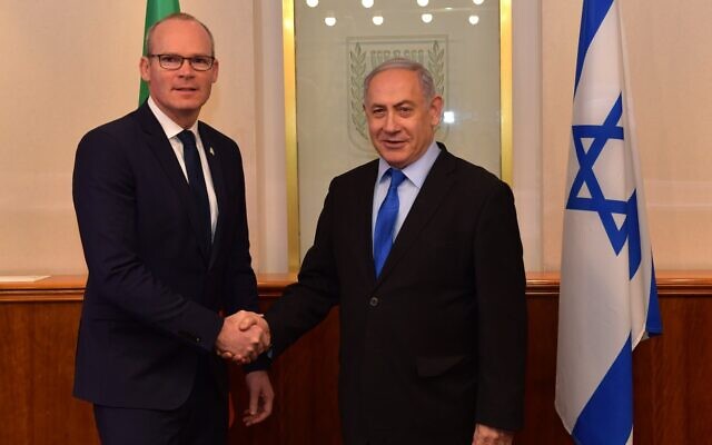 Irish Foreign Minister Simon Coveney, left, meets with PM Netanyahu in the Prime Minister's Office in Jerusalem, December 2, 2019 (Koby Gideon/GPO) Irish Foreign Minister Simon Coveney, left, meets with PM Netanyahu in the Prime Minister's Office in Jerusalem, December 2, 2019 (Koby Gideon/GPO)