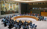 Illustrative: The UN Security Council holds a meeting on the Middle East, including the Palestinian question, November 20, 2019 at United Nations headquarters. (AP Photo/Mary Altaffer)