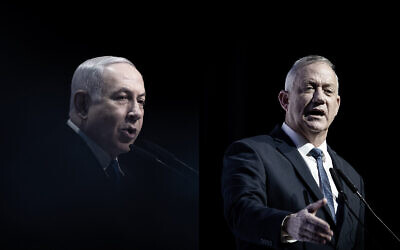 A composite photo showing Prime Minister Benjamin Netanyahu, left, and Blue and White party chief, Benny Gantz, right, speaking separately at a media conference in Jerusalem, December 8, 2019. (Yonatan Sindel/Hadash Parush/Flash90)